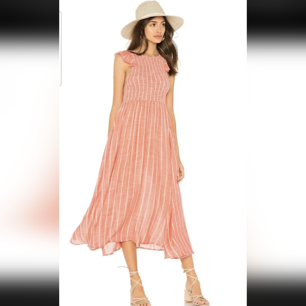 Free People Pink-Red Chambray Butterflies Midi Dress Women's Size XS